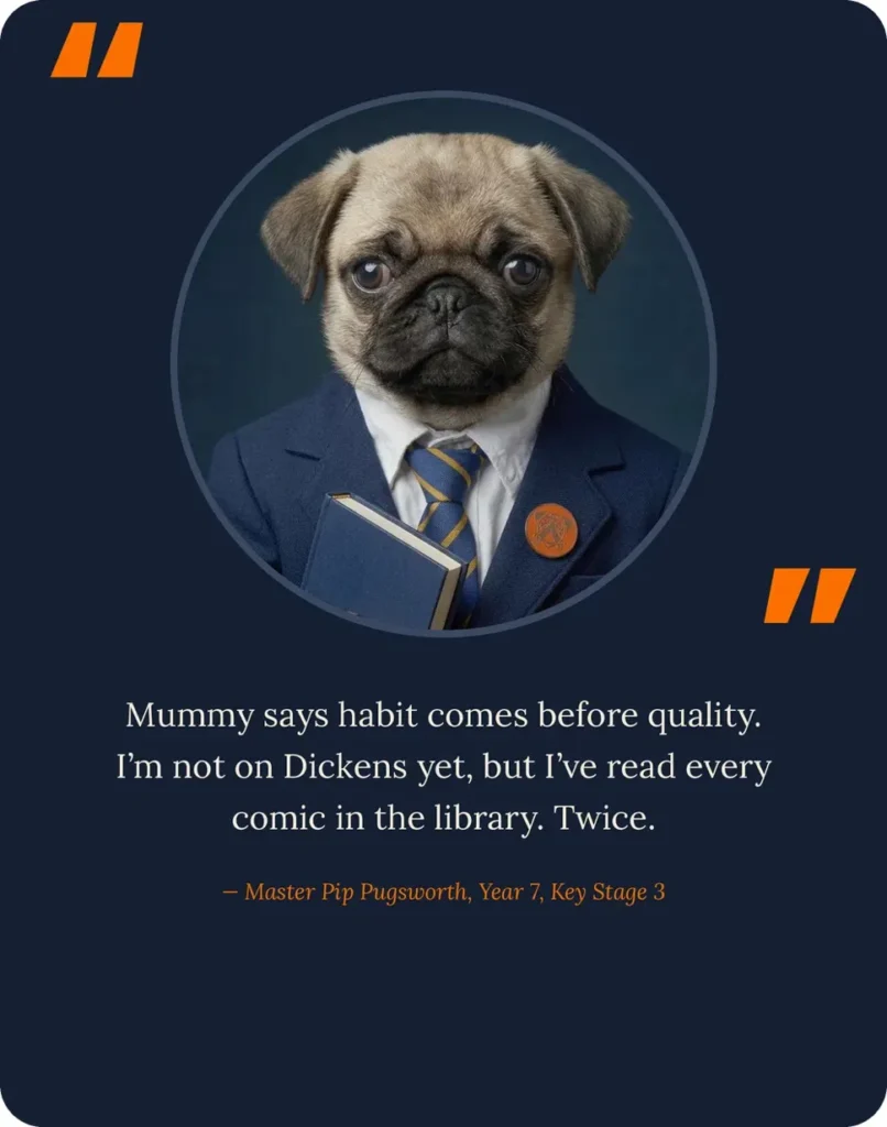 Testimonial card: a pug in a school blazer holding a book, Master Pip Pugsworth, Year 7, says he hasn't reached Dickens yet but has read every comic in the library twice.
