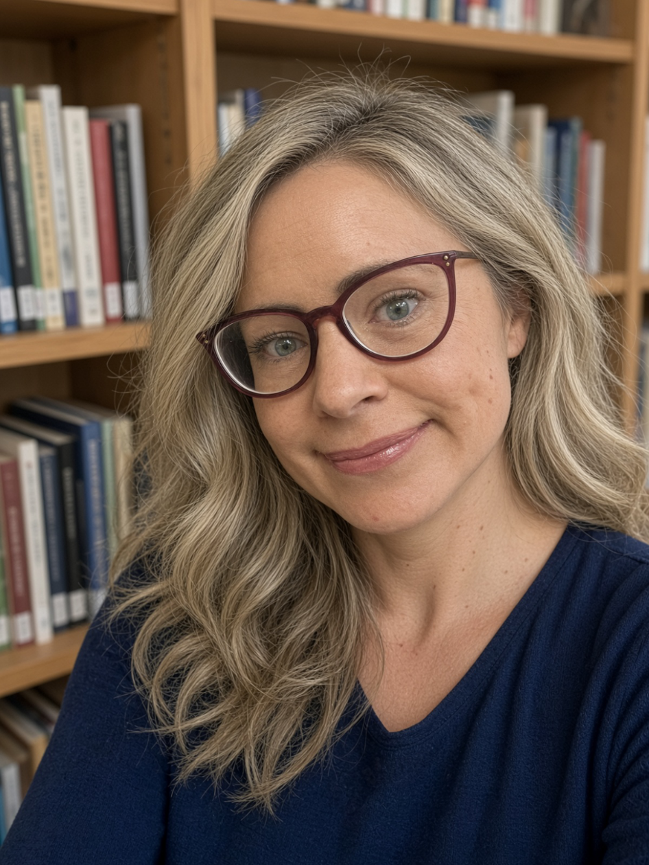 Jacqueline Thorogood, English teacher, in front of bookshelves